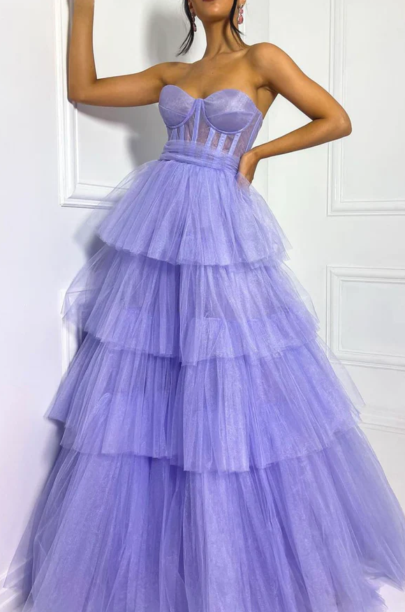 Purple tulle long prom dress A-line evening dress - Fashionpara
