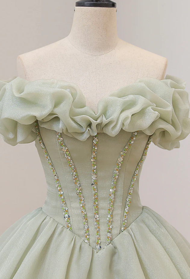 Green tulle sequins long ball gown dress formal dress - Fashionpara