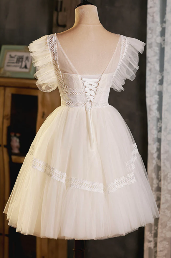 Champagne lace short prom dress homecoming dress - Fashionpara