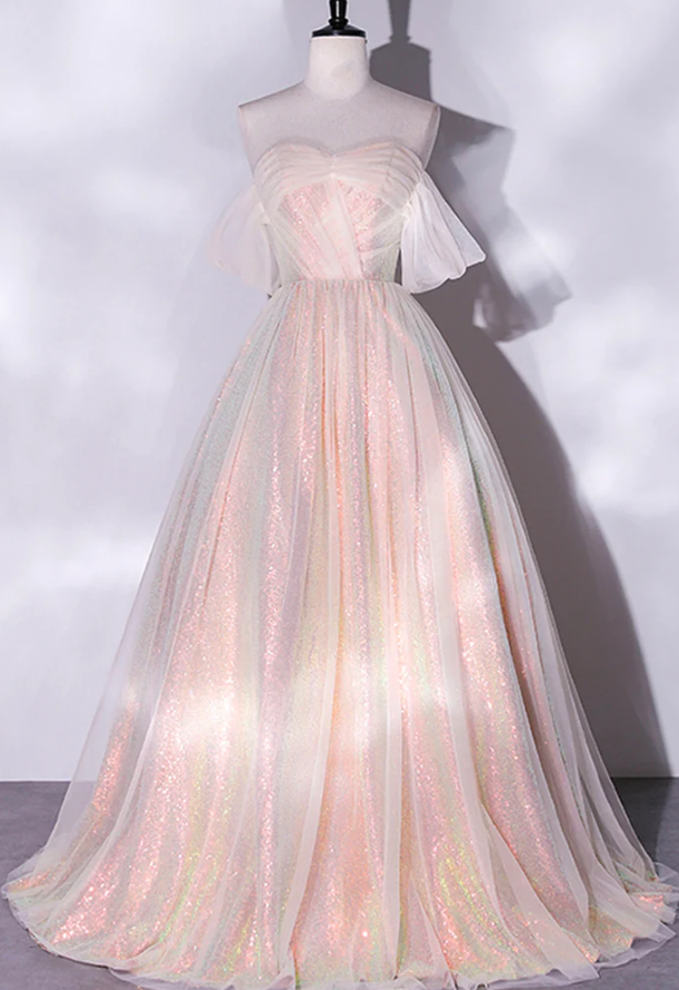 Shiny tulle sequins long prom dress A-line evening dress - Fashionpara