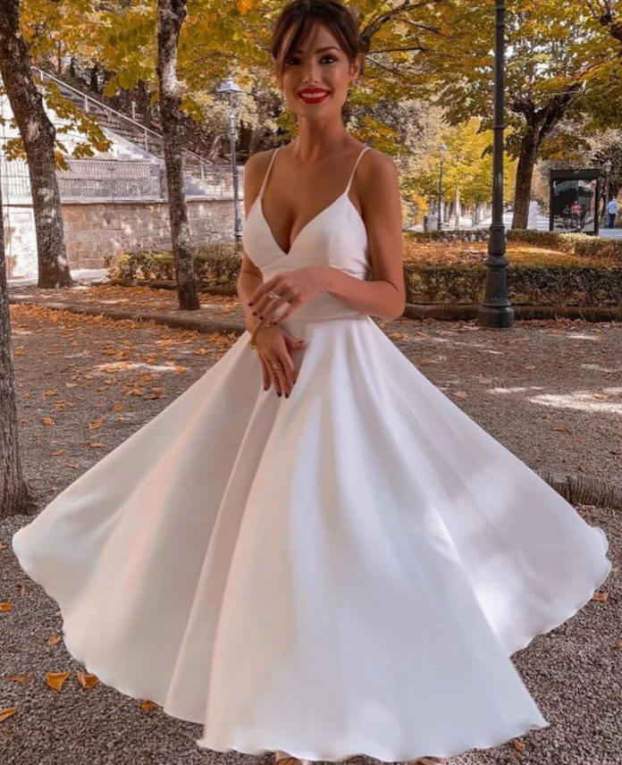 Simple V Neck White Prom Dress, Tea Length Saint Formal Wedding Party Dress - Fashionpara