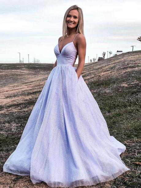 Purple v neck tulle sequin long prom dress purple evening dress - Fashionpara