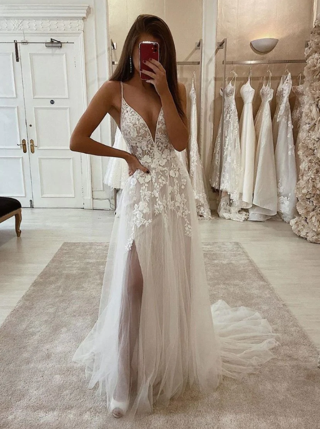 White v neck tulle lace long prom dress, white lace evening dress - Fashionpara