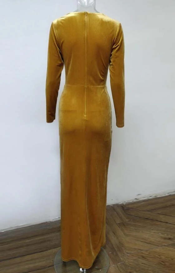 Sexy V-Neck Long Sleeve Split Velvet Prom Dress - Fashionpara