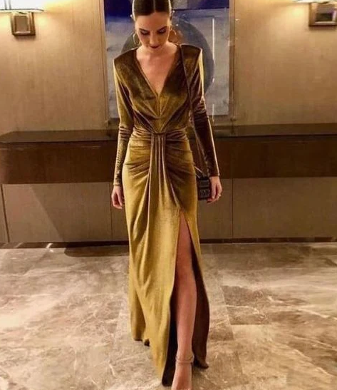 Sexy V-Neck Long Sleeve Split Velvet Prom Dress - Fashionpara