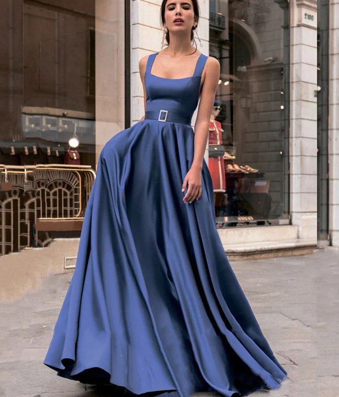 Elegant Strapless Sleeveless Evening Dress A-Line Blue Satin Criss-Cross Sashes Prom Dress - Fashionpara