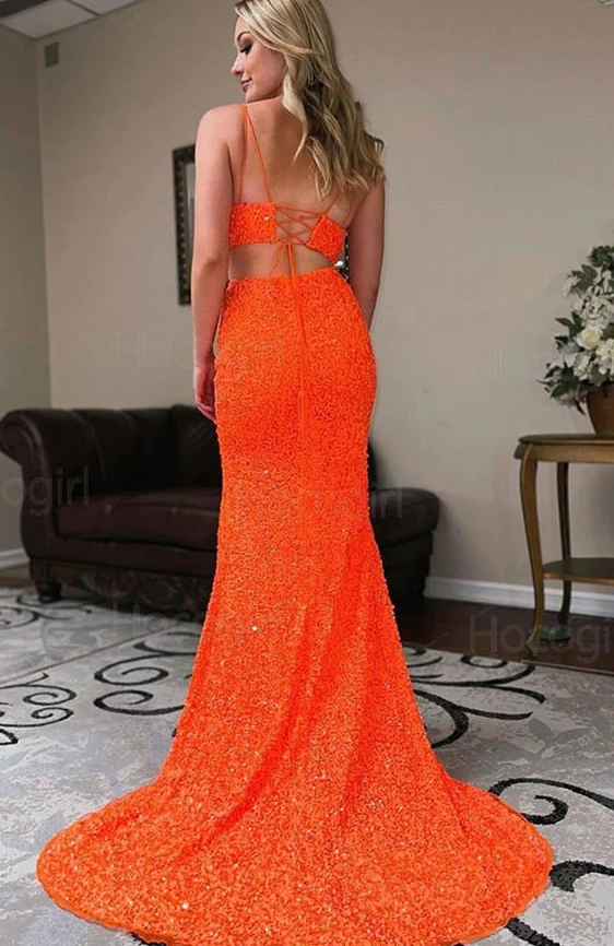 Two Piece Orange Sequins Long Prom Dress - Fashionpara