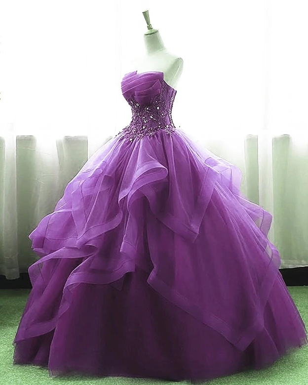 Purple Ball Gown Organza and Tulle Sweet 16 Dress with Lace Appique, Purple Formal Gown - Fashionpara
