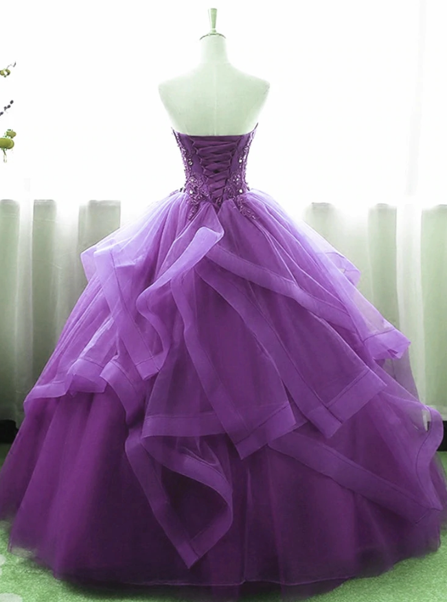 Purple Ball Gown Organza and Tulle Sweet 16 Dress with Lace Appique, Purple Formal Gown - Fashionpara