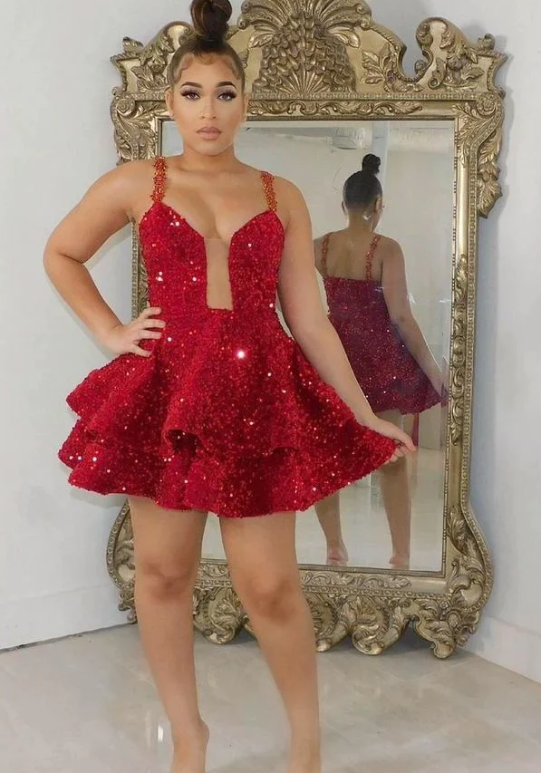 Short red flared sequins dress, short red sequins prom dress - Fashionpara
