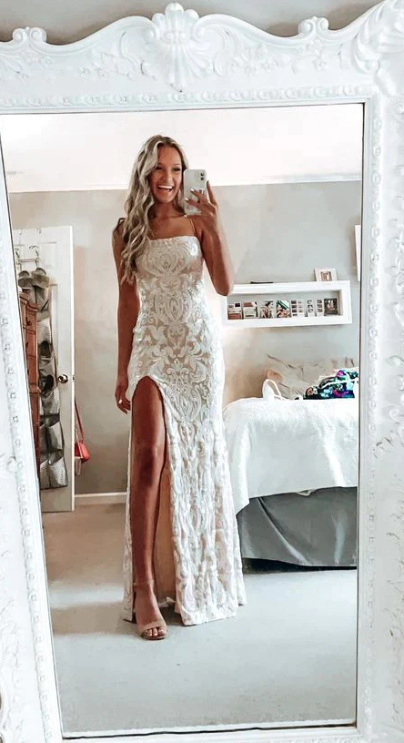 simple white prom dress,modest slit evening dresses - Fashionpara