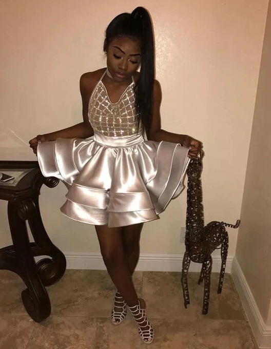 Silver Satin Mini Short Homecoming Dresses Halter Tiered Simple Black Girl African Girl Short Prom Dresses - Fashionpara