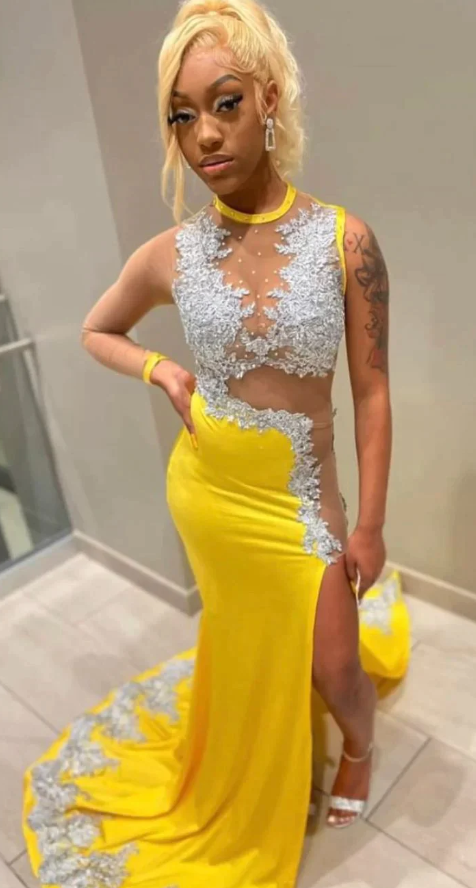 black girl yellow lace evening dresses,silver lace prom dresses, sexy evening dresses - Fashionpara
