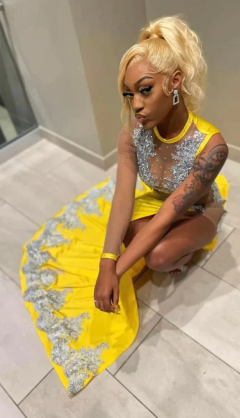 black girl yellow lace evening dresses,silver lace prom dresses, sexy evening dresses - Fashionpara