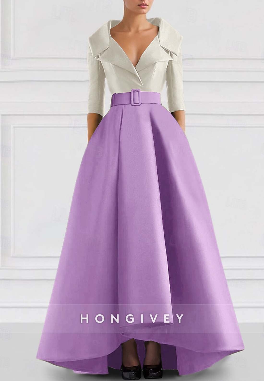 A-line Asymmetrical Evening Gown V Neck Half Sleeve Pockets Pleated Waistband Mother of the Bride