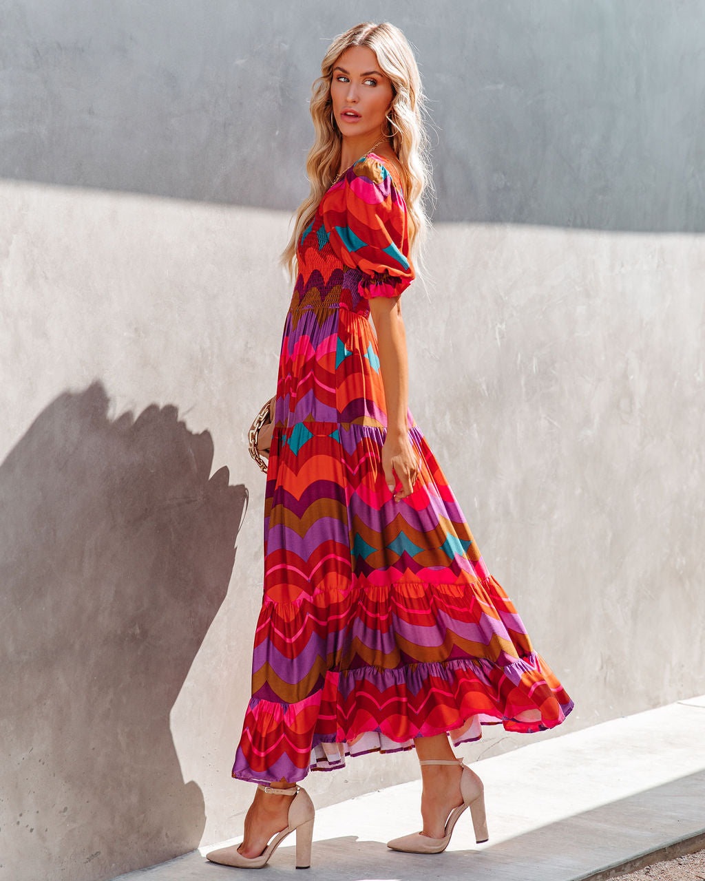 Geometric Print Smocked Puff Sleeve Tiered Maxi Dress