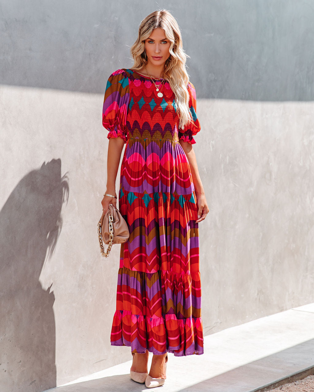 Geometric Print Smocked Puff Sleeve Tiered Maxi Dress