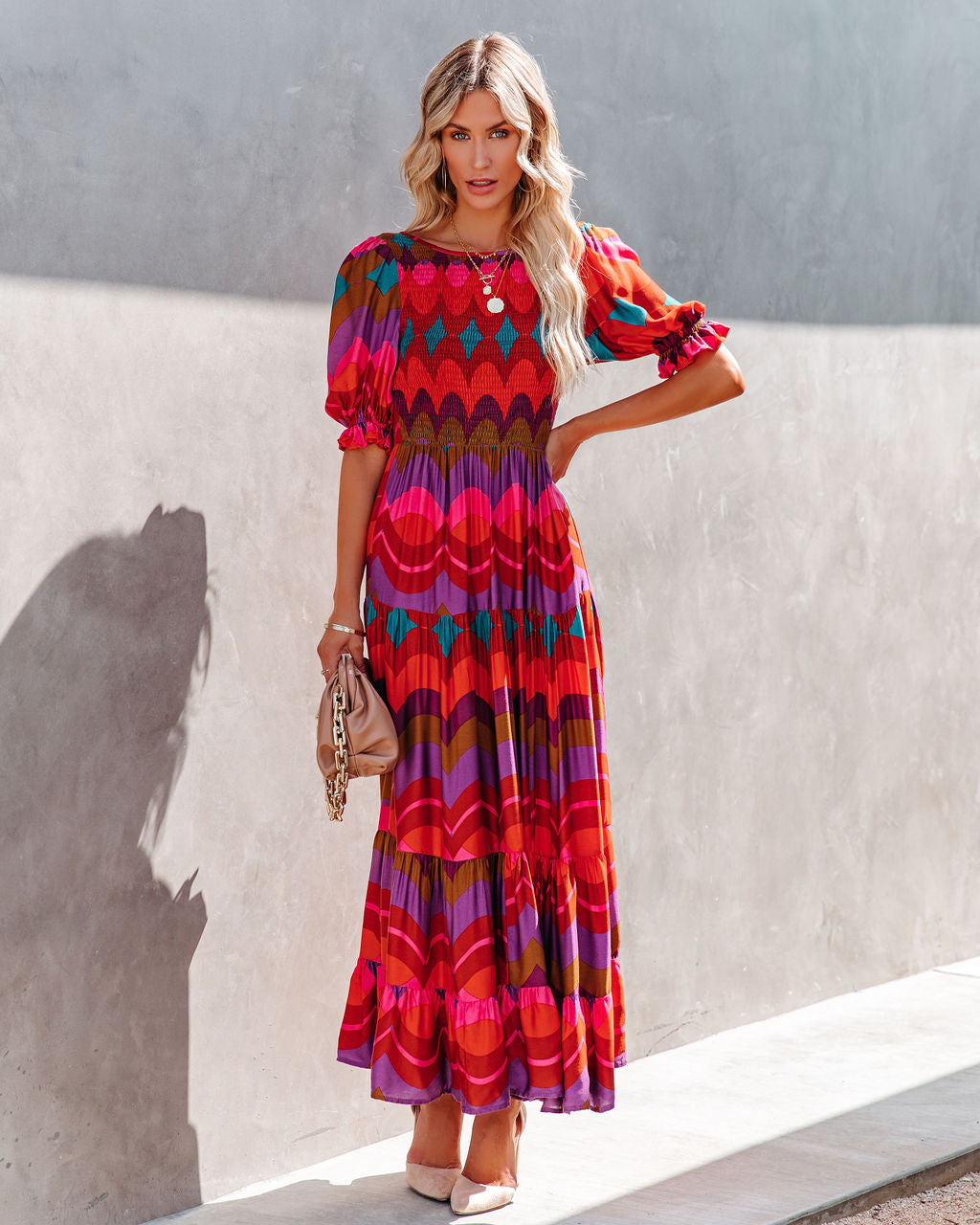 Geometric Print Smocked Puff Sleeve Tiered Maxi Dress