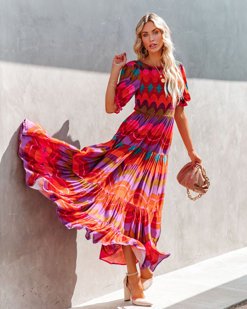 Geometric Print Smocked Puff Sleeve Tiered Maxi Dress