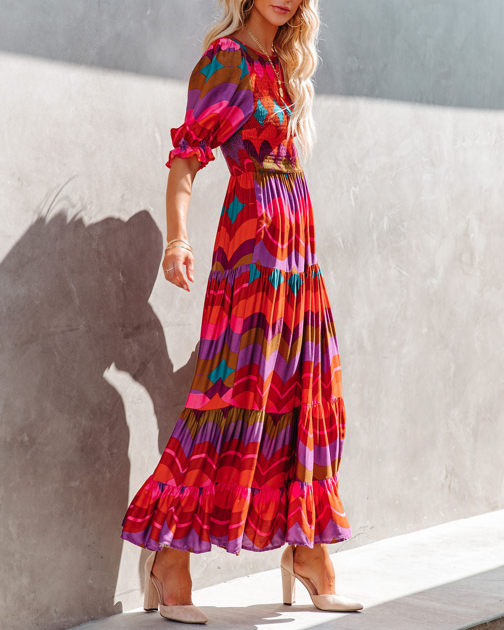 Geometric Print Smocked Puff Sleeve Tiered Maxi Dress