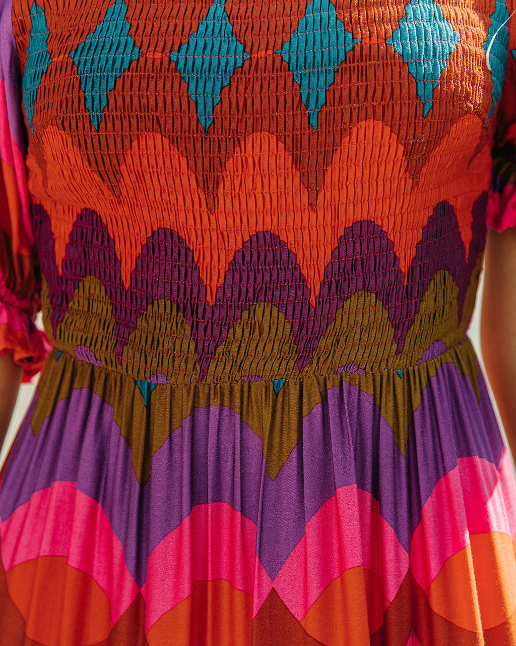 Geometric Print Smocked Puff Sleeve Tiered Maxi Dress