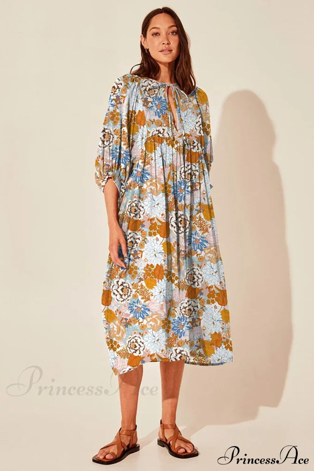 Fitshinling Boho Vintage Lantern Sleeve Dress khaki floral / S bohodress-250126