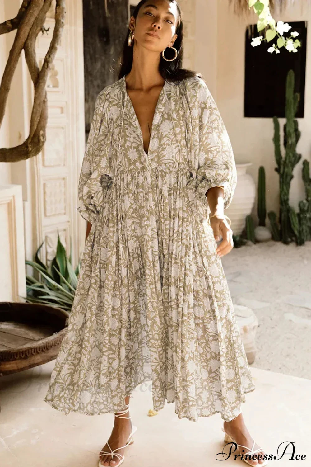 Fitshinling Boho Vintage Lantern Sleeve Dress Khaki / S bohodress-250126