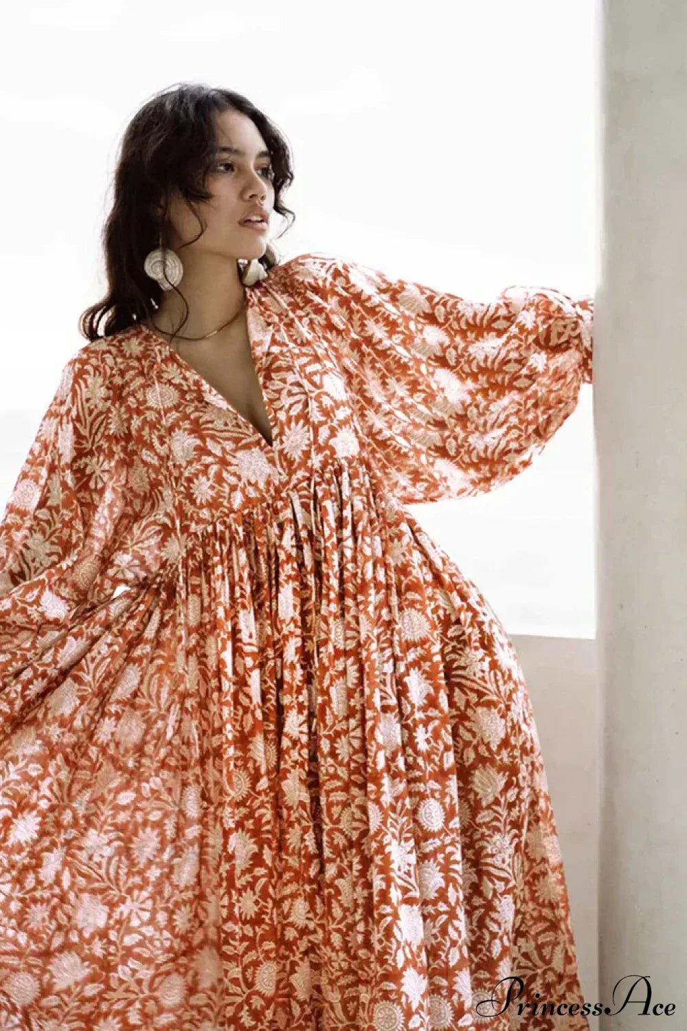 Fitshinling Boho Vintage Lantern Sleeve Dress orange white floral / S bohodress-250126