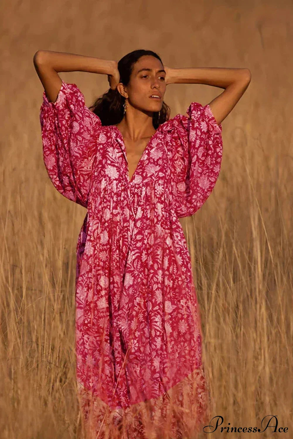 Fitshinling Boho Vintage Lantern Sleeve Dress Red / S bohodress-250126