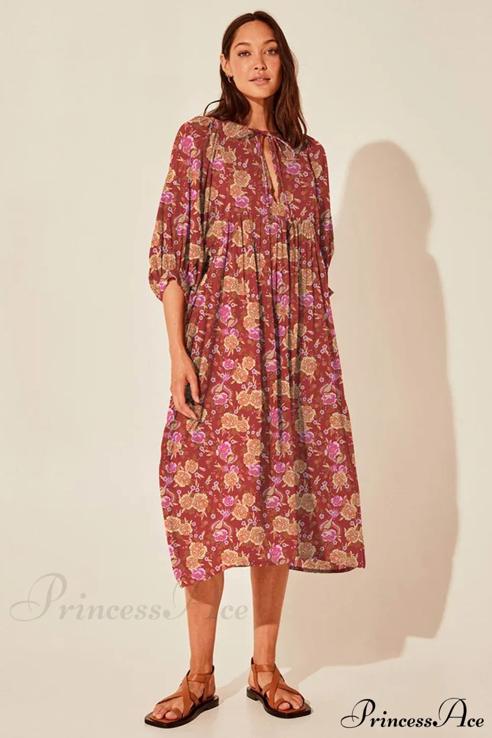 Fitshinling Boho Vintage Lantern Sleeve Dress wine red / S bohodress-250126