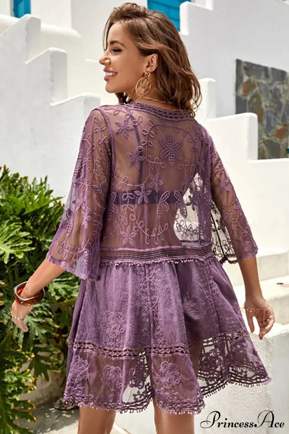 Fitshinling V-neck Sheer Lace Boho Cover-up PURPLE / One Size bohodress-250126