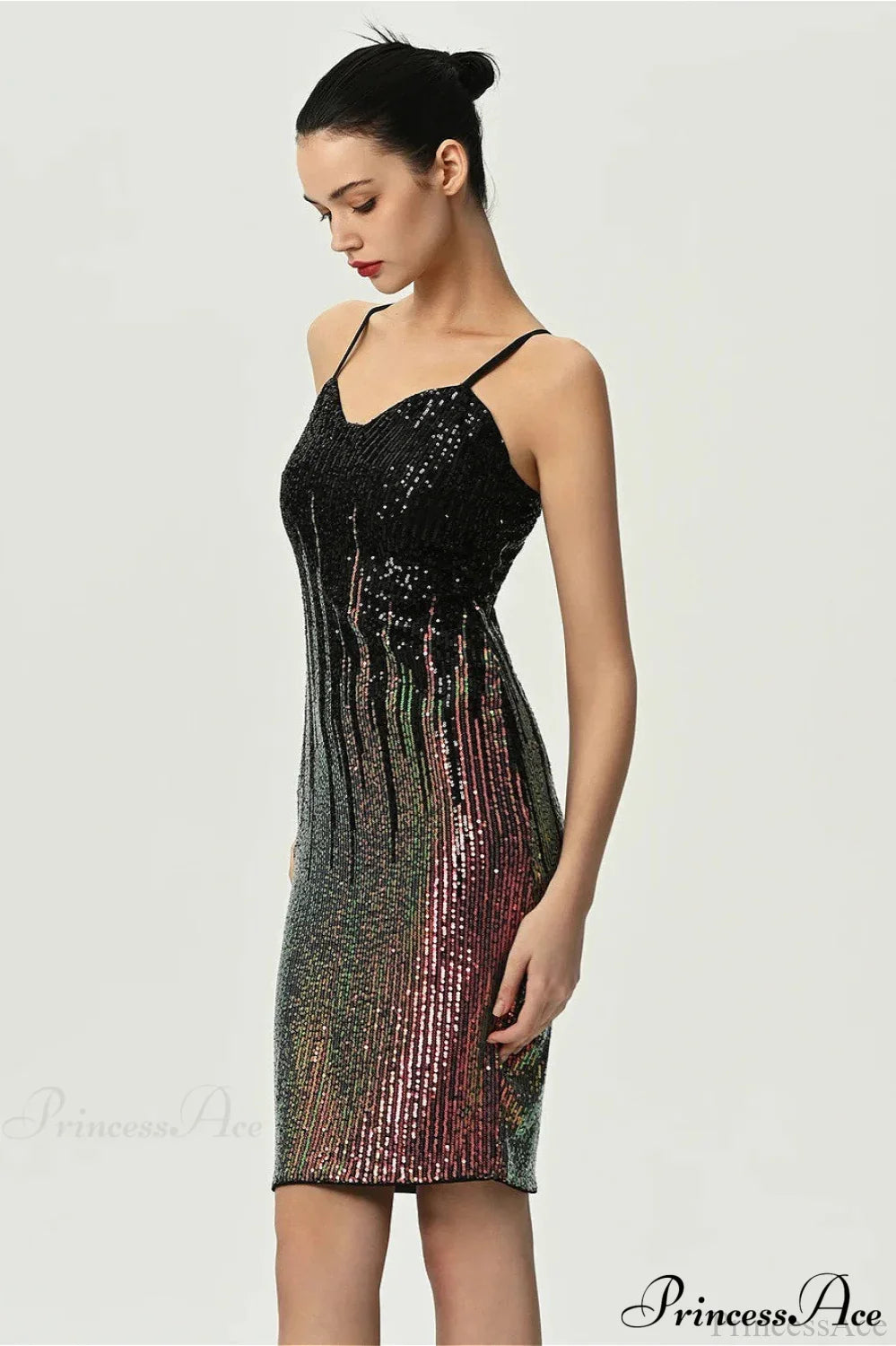 Fitted Colorful Sequin Spaghetti Strap Party Dress
