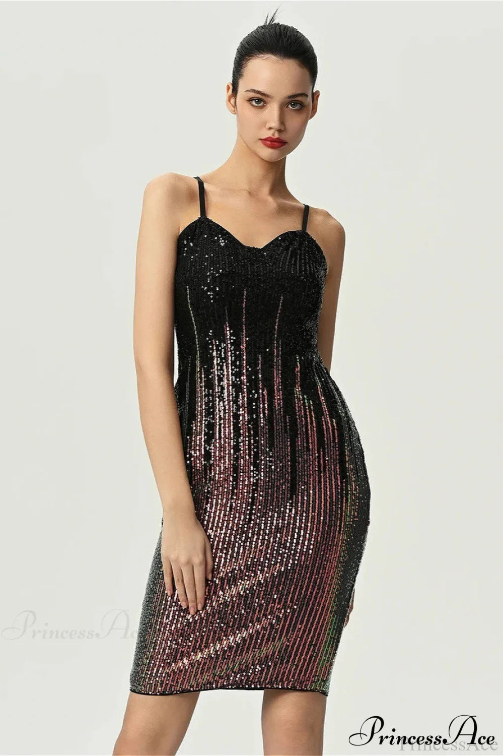 Fitted Colorful Sequin Spaghetti Strap Party Dress Black / S