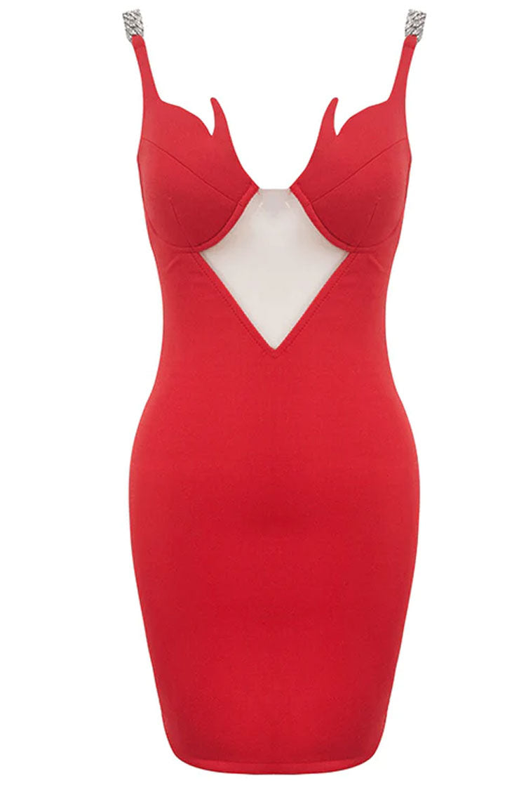 Flame V Neck Chain Strap Bodycon Party Mini Dress - Red - Fashionpara