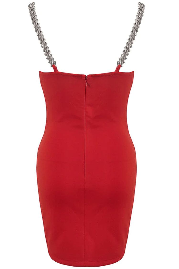 Flame V Neck Chain Strap Bodycon Party Mini Dress - Red - Fashionpara