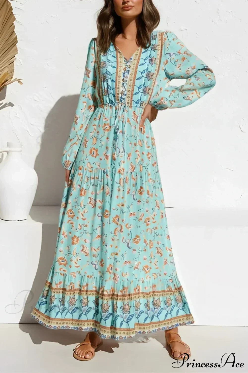 Flare Sleeve Purple Floral V-neck Maxi Boho Dress GREEN / S bohodress-250126