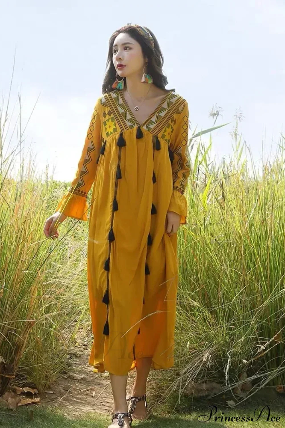 Flare Sleeve Tassel Vintage Style Floral Boho Dress