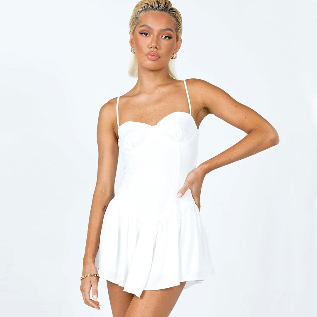 Satin Sweetheart Spaghetti Strap Ruffle Hem Mini Dress