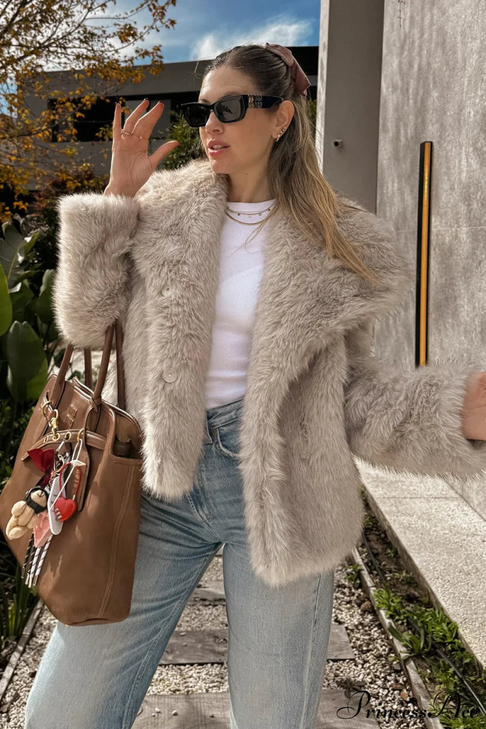 Fleece Cardigan Faux Fur Warm Coat Beige / S