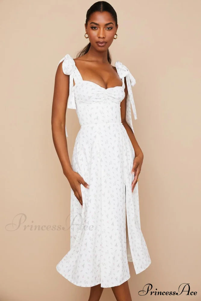 Ditsy Floral Sweetheart Tie Strap Split Midi Dress 6