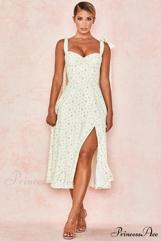 Ditsy Floral Sweetheart Tie Strap Split Midi Dress
