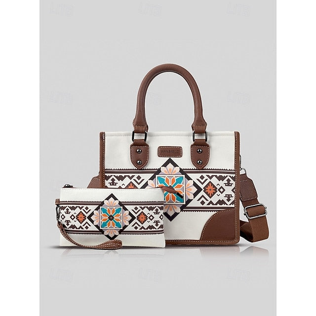 Ethnic Set Faux Handbag and with Leather Canvas