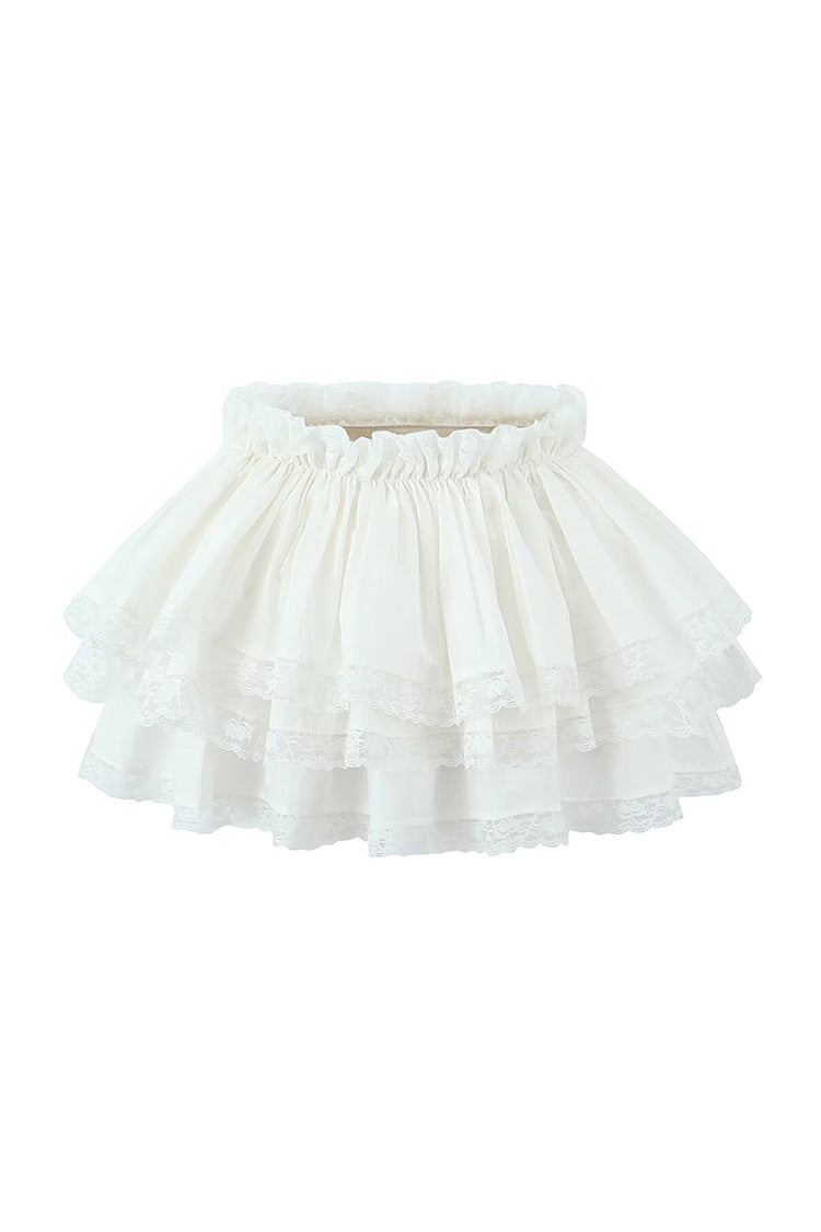 Floating Gathered Ruffle High Waist Scalloped Lace Tiered Micro Mini Skirt - Fashionpara