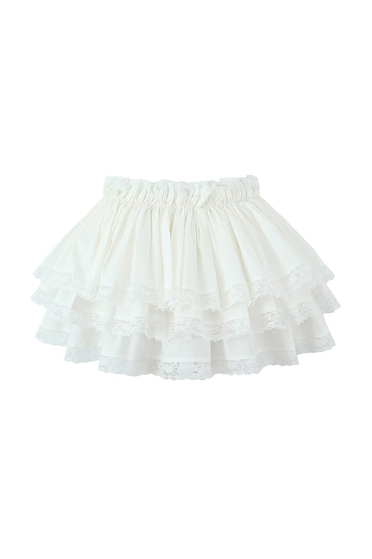 Floating Gathered Ruffle High Waist Scalloped Lace Tiered Micro Mini Skirt - Fashionpara