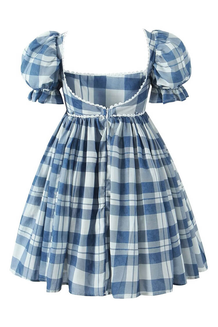 Floaty Bow Trim Puff Sleeve Gingham Print Summer Babydoll Mini Dress