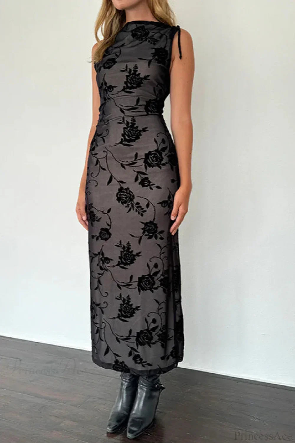 Floral Flock Mesh High Neck Sleeveless Maxi Dress 2