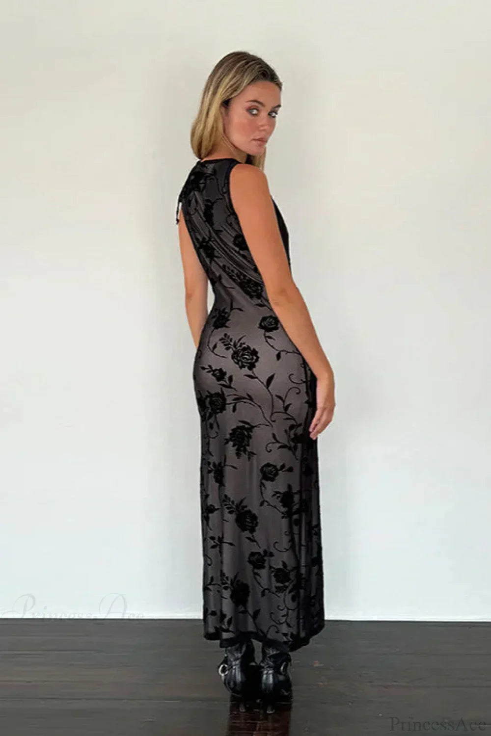 Floral Flock Mesh High Neck Sleeveless Maxi Dress 4