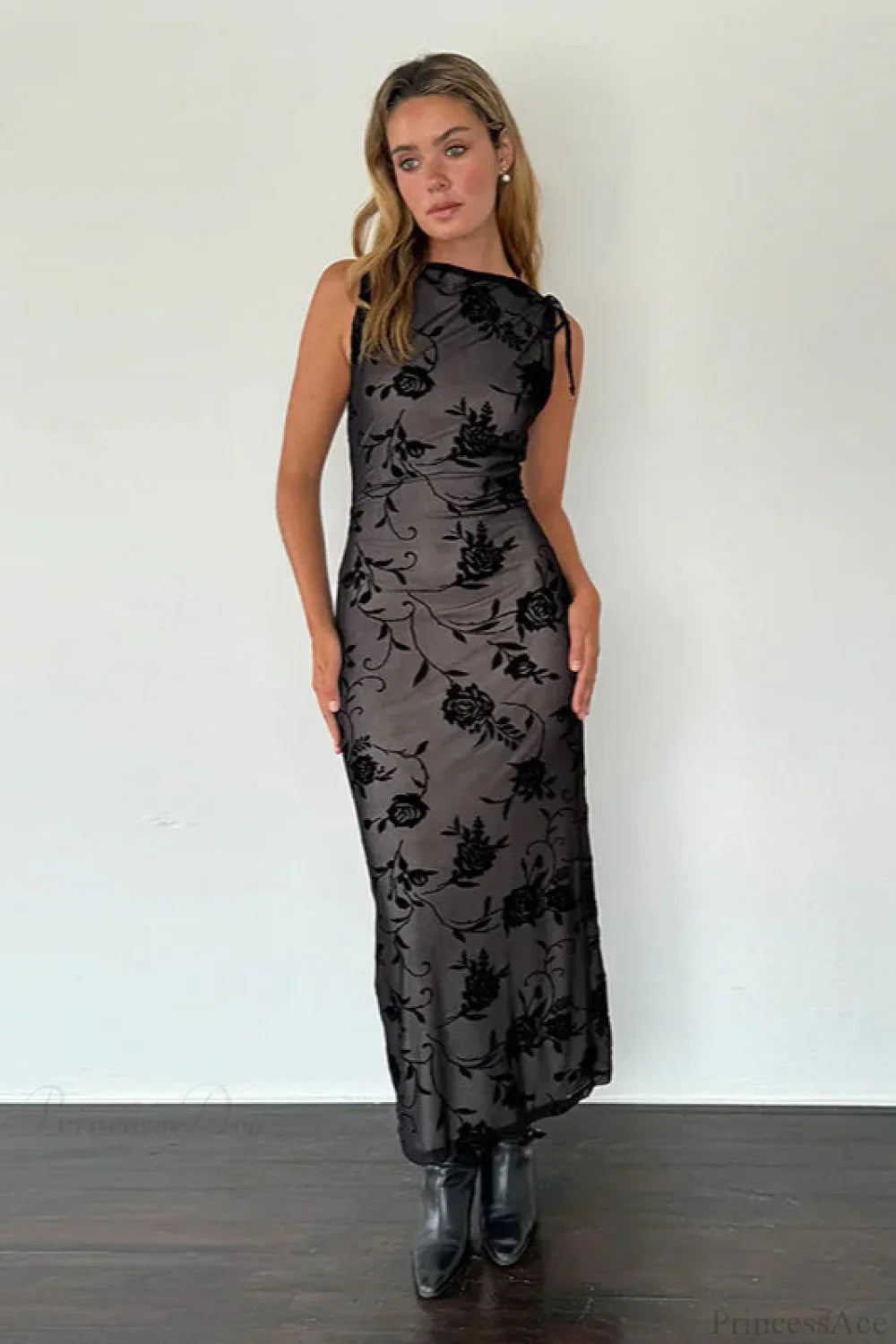 Floral Flock Mesh High Neck Sleeveless Maxi Dress 3