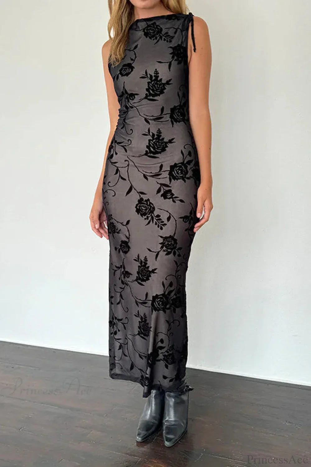 Floral Flock Mesh High Neck Sleeveless Maxi Dress