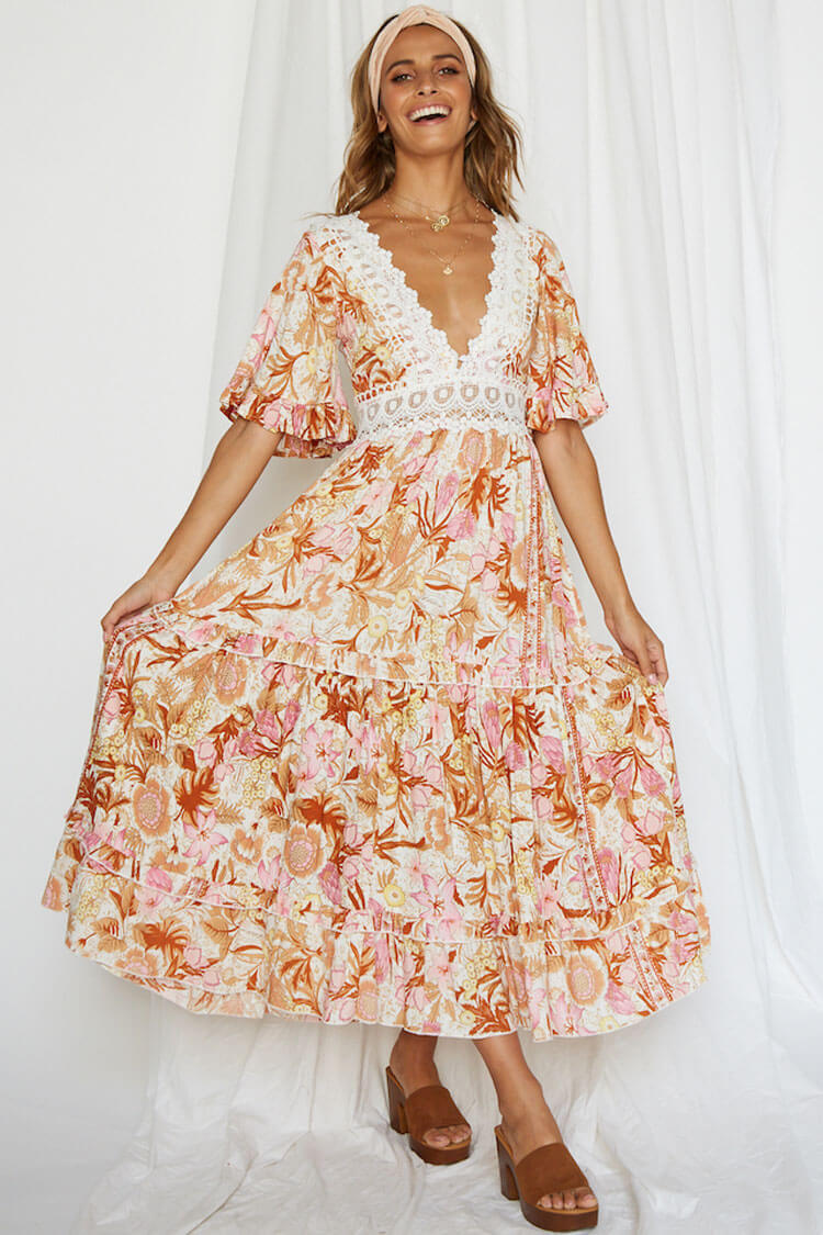 Floral Half Sleeve Lace Panel V Neck Maxi Beach Vacation Dress - Floral  Fashionpara